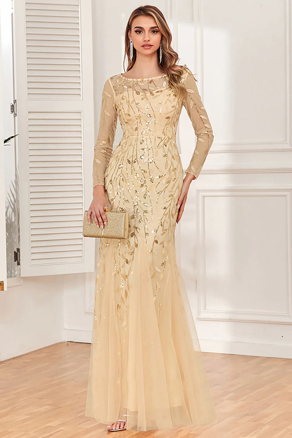 Gold Mermaid Sequins Tulle Evening Dress With Long Sleeves